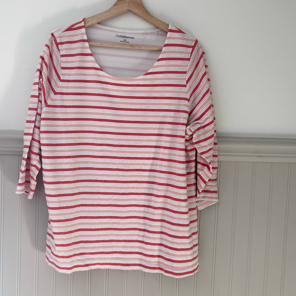 Croft & Barrow Women's 1X Striped 3/4 Sleeve Top Red Pink White